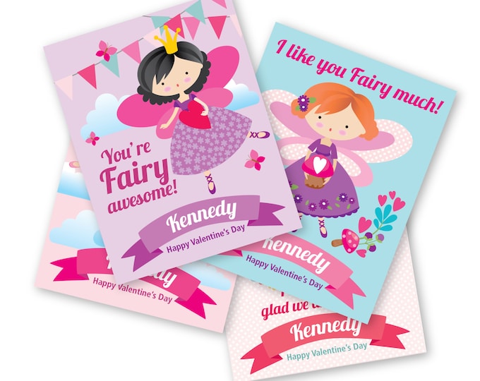 Fairy Valentine's Day Cards, printable DIY card classroom, Valentine printable custom text, print for kids classroom, Fairy Valentine