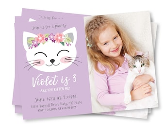 Cat Birthday Party Invitation, Kitten, Photo Invite, Kitty Meow Party, WE EDIT, You PRINT, Custom Text, Printable Digital File