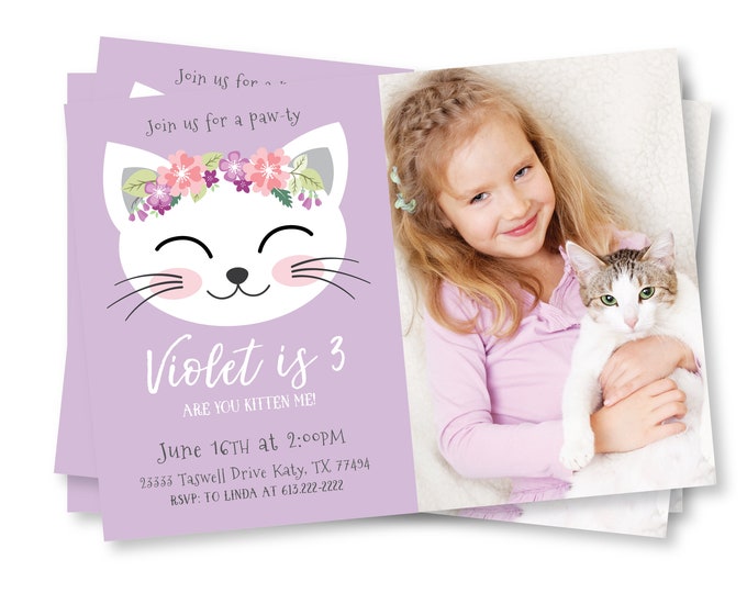 Cat Birthday Party Invitation, Kitten, Photo Invite, Kitty Meow Party, WE EDIT, You PRINT, Custom Text, Printable Digital File