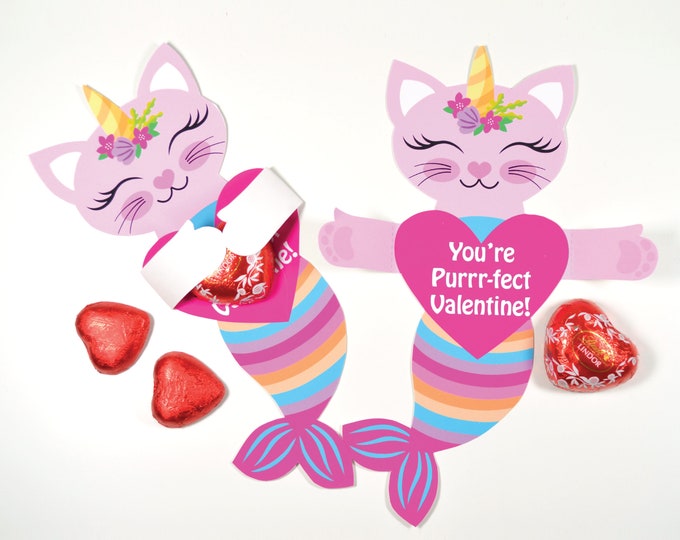 Caticorn Valentine Treat Hug Tag, Printable DIY INSTANT Download file, Classroom Valentine, Valentine's Day Gift, Candy Holder Tag