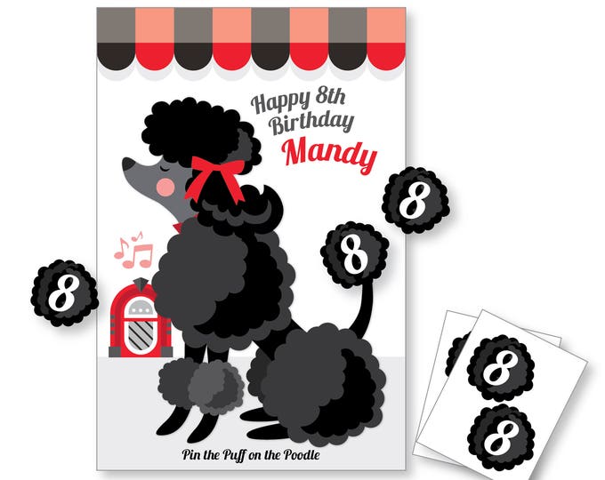 Pin the Puff on the POODLE- party game, DIY printable party game, 50's party game, poodle, dog party game, retro party game, digital files