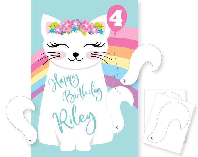 Pin the Tail on the Kitty Cat Rainbow Party Game, DIY party game for girls, cat, rainbow game, printable, digital files