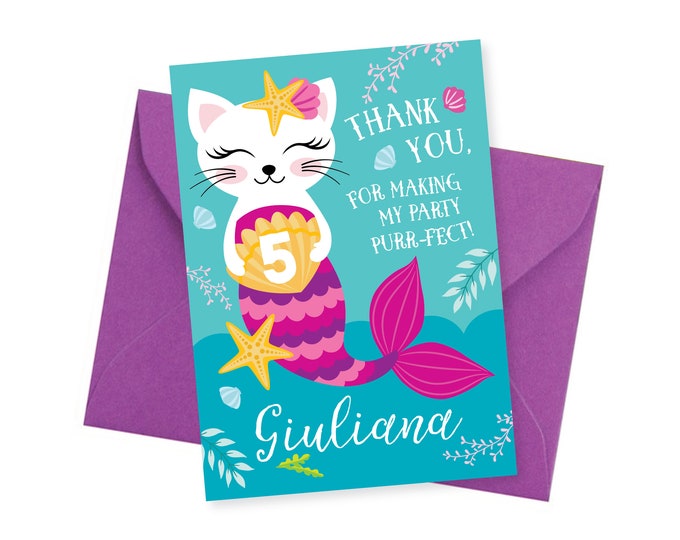 Cat, Mermaid, Thank You Card, DIY Thank You Card, Caticorn Thank You, Girl's Birthday Mermaid Cat Party, Printable Digital Files