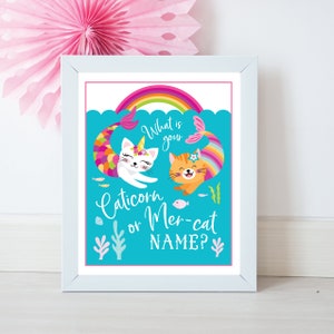 Caticorn/Mer-Cat Name Game, Sign and Name Labels / What&#39;s Your Caticorn Name Game / INSTANT DOWNLOAD / Caticorn/Mer-Cat Party