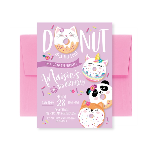 Donut Party Invitation, 1st Birthday Invite, Cute Donut Animals, Donuts, WE EDIT, You PRINT, Custom Text, Printable Digital File