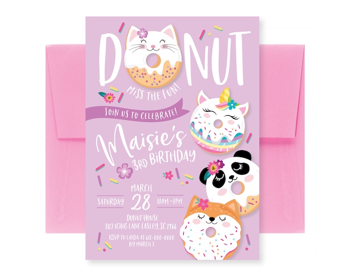 Donut Party Invitation, 1st Birthday Invite, Cute Donut Animals, Donuts, WE EDIT, You PRINT, Custom Text, Printable Digital File