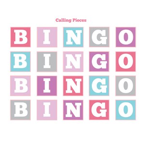 May include: A set of 20 bingo calling pieces with the letters B, I, N, G, and O in various pastel colors. Each letter is in a square with a white outline.