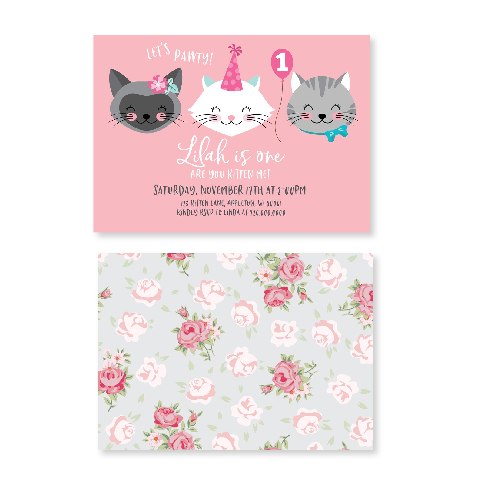 Cat Birthday Party Invitation Girls Kitten Cat Birthday - Etsy