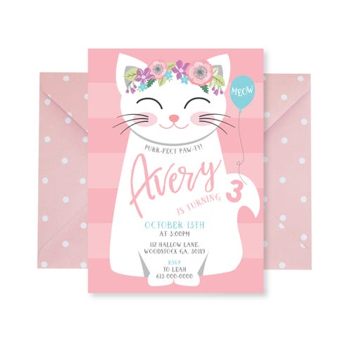 Cat Birthday Party Invitation Kitten Cat Birthday Girl - Etsy