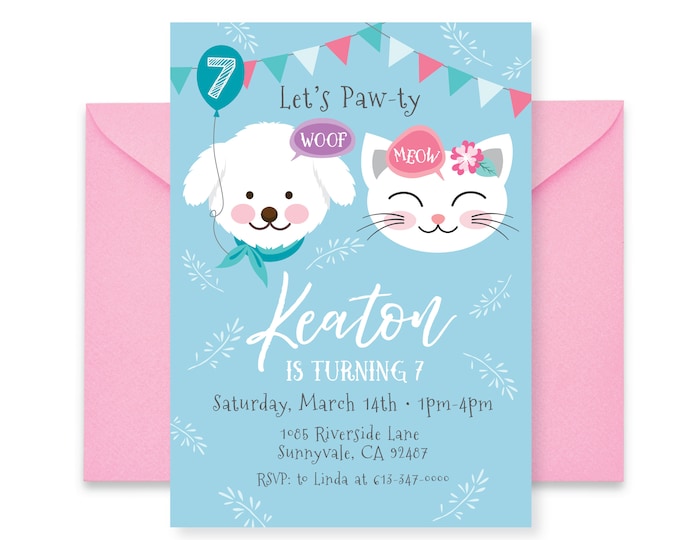 Dog and Cat Birthday Party Invitation, Puppy and Kitten Invite, Party, WE EDIT, You PRINT, Custom Text, Printable Digital File