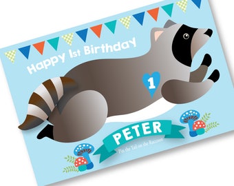 Pin the Tail on the RACCOON Party Game, DIY party game for boys or girls, Raccoon Birthday Game, printable, digital files only