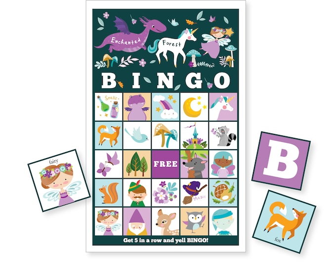 Enchanted Forest BINGO Game, 26 different bingo cards, Fairy, Dragon, Unicorn, Party Game Printable Bingo Game, Instant Download