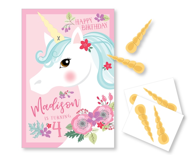 Pin the Horn on the Unicorn, Party Game, DIY party game for girls, Floral, Pink, Unicorn Game, Printable, digital files