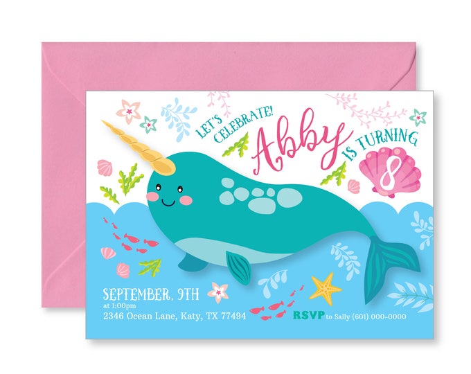 Narwhal Invitation, Girl's Narwhale Party, Pool Party, Unicorn of the Sea Invite, WE EDIT, You PRINT, Custom Text, Printable Digital File