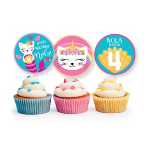 Caticorn Cupcake Toppers - Pink Kitten-Mermaid Birthday Party, Cat Under the Sea Cake Toppers, WE EDIT, You PRINT, digital file
