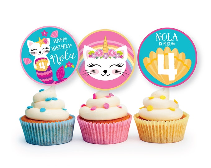 Caticorn Cupcake Toppers - Pink Kitten-Mermaid Birthday Party, Cat Under the Sea Cake Toppers, WE EDIT, You PRINT, digital file