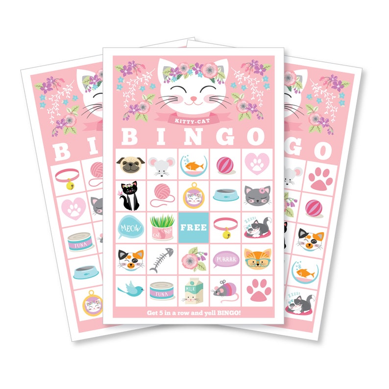 May include: Pink bingo cards with a kitty cat illustration and cat-themed images. The text on the card reads "Kitty-Cat Bingo" and "Get 5 in a row and yell BINGO!"