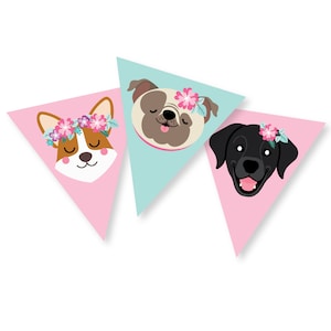 Dog Happy Birthday bunting/banner, Dog Faces bunting, Dog, Puppy, Party Instant Download, Printable DIY, dog faces, pink and aqua bunting