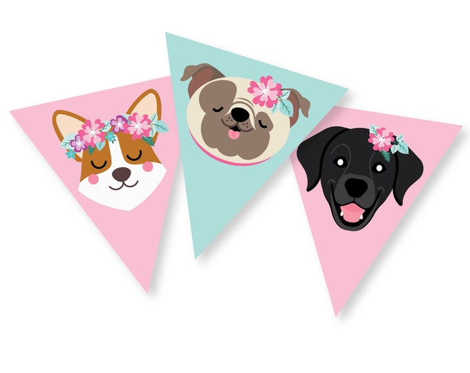 Dog Happy Birthday bunting/banner, Dog Faces bunting, Dog, Puppy, Party Instant Download, Printable DIY, dog faces, pink and aqua bunting