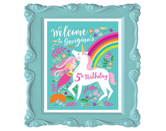 Mermaid Unicorn Welcome Sign, Under the Sea, Girl's Birthday Party Sign, Poster, Printable Digital Files