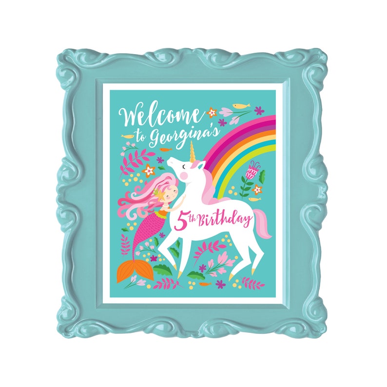 Mermaid Unicorn Welcome Sign, Under the Sea, Girl's Birthday Party Sign, Poster, Printable Digital Files image 1