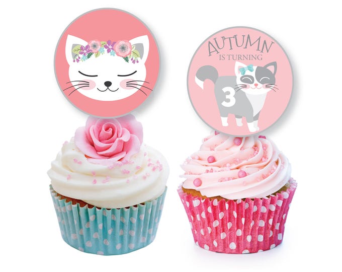 Cat Cupcake Toppers, Pink Kitten, Kitty Birthday Party, Cat, Kitty Cake Toppers, WE EDIT, You PRINT, digital files