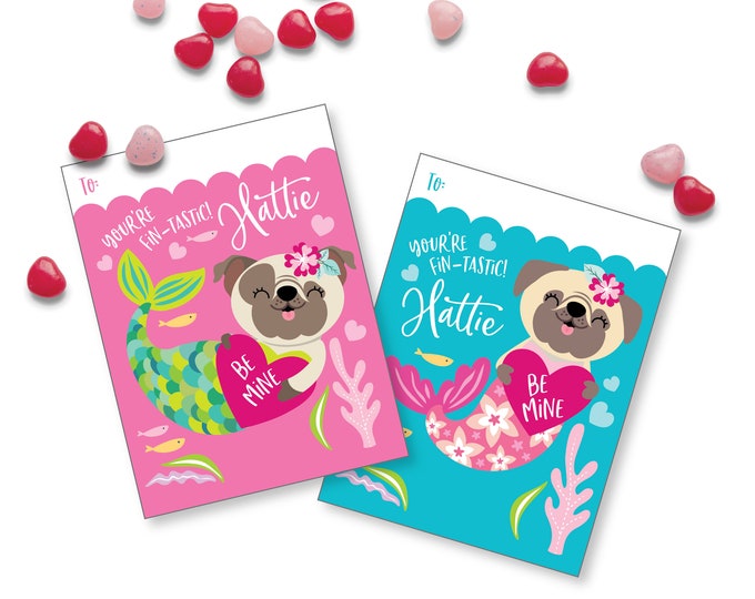 Valentines Day Mer-Pug Cards, custom text, printable DIY Valentine classroom cards, Valentine for kids classroom, Valentine's Mermaid Pug