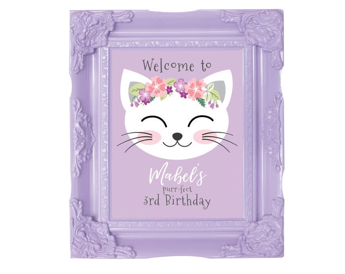 Purple Cat Welcome Sign, Girl's, Kitty, Kitten, Birthday Party, Poster, Printable, Digital Files