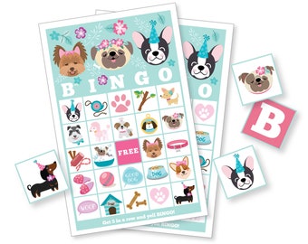 Dog BINGO Game, 30 different bingo cards, Pug, Puppy Party Game, Girl's Printable Party Game, Instant Download, Printable files