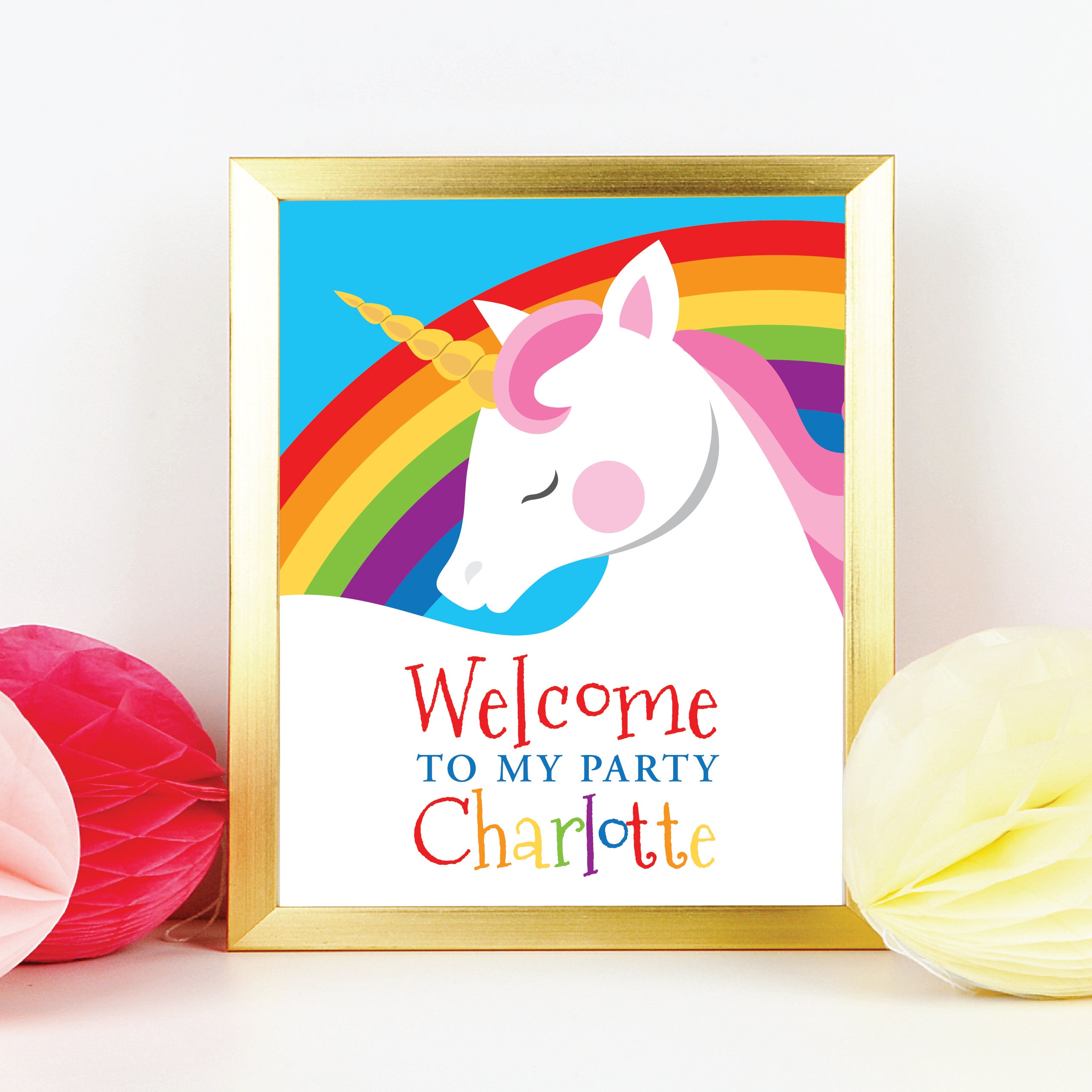 unicorn rainbow welcome sign cute unicorn rainbow welcome printable customized diy digital files party welcome sign