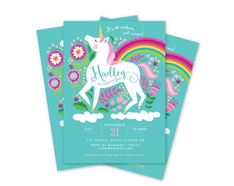 Unicorn Birthday Invitation, Printable, Customized, DIY, Girls Birthday Invite - unicorn, pink or aqua floral