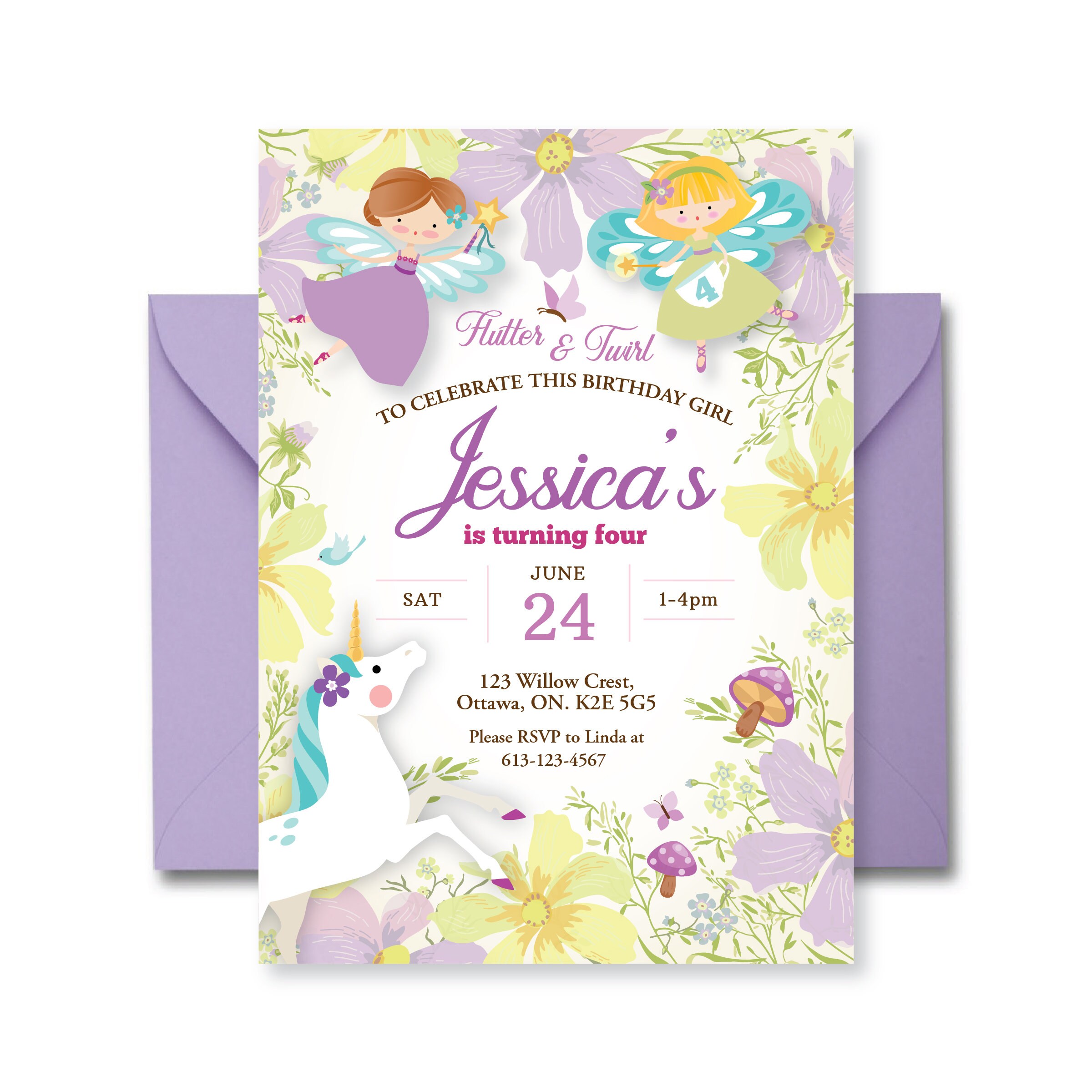 Fairy Garden Tea Party Invitation, Unicorn, Fairy, Birthday Printable  Invitation, digital files, floral fairy party