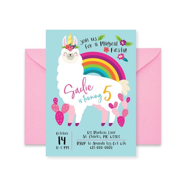 Llamacorn Birthday Party Invitation, Llama, Unicorn Invite, WE EDIT, You PRINT, Custom Text, Printable Digital File