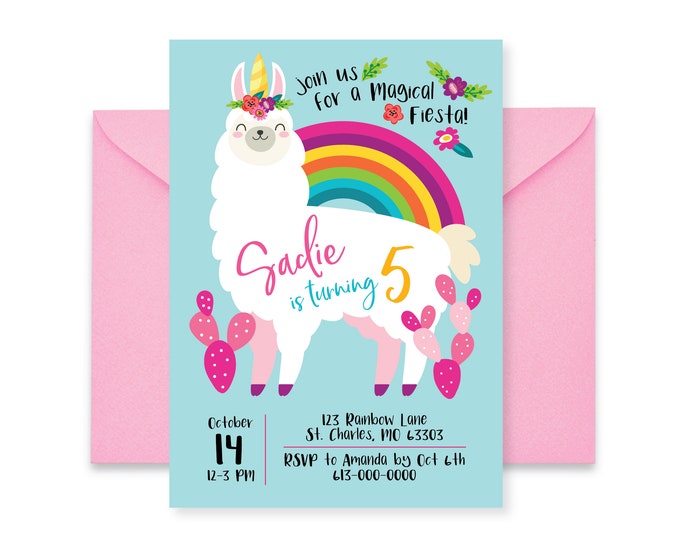 Llamacorn Birthday Party Invitation, Llama, Unicorn Invite, WE EDIT, You PRINT, Custom Text, Printable Digital File