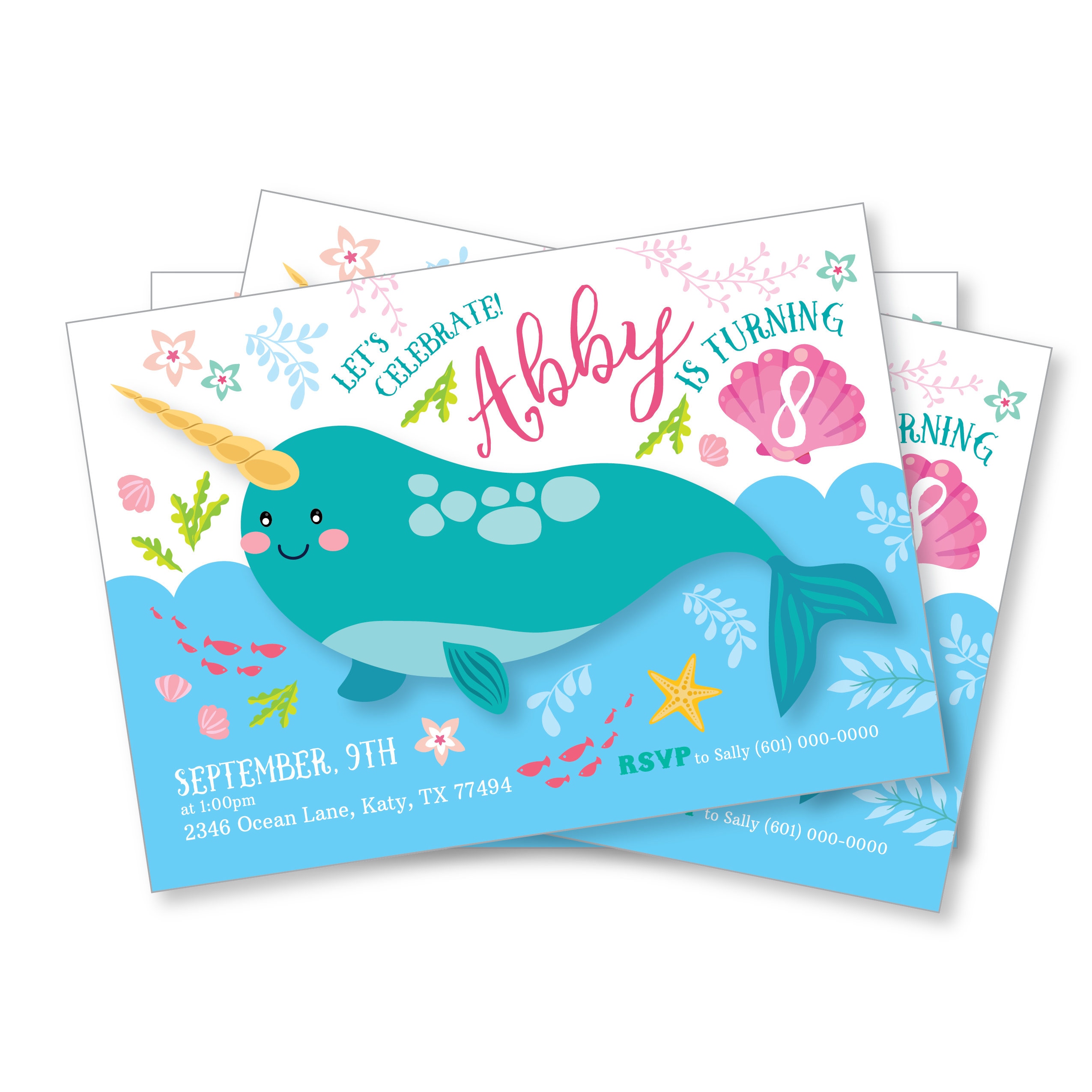 Narwhal Invitation, Girl's Narwhale Party, Pool Party, Unicorn of the ...