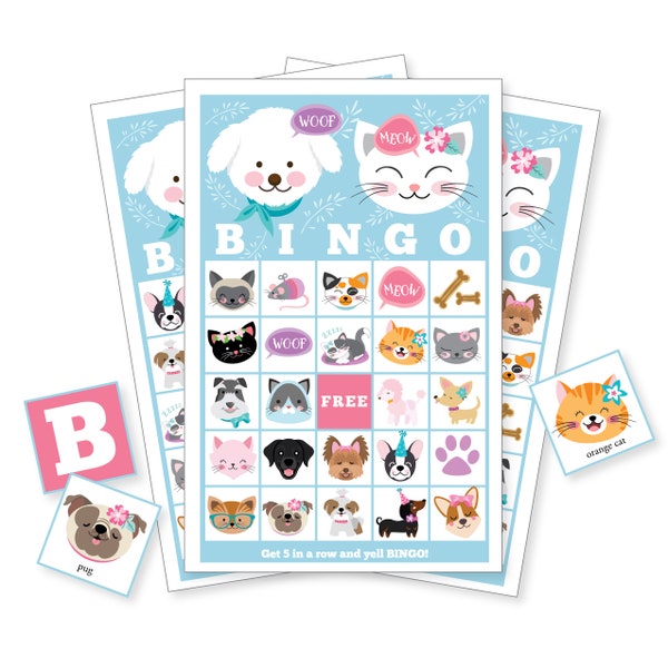 Dog and Cat BINGO Game, 40 different bingo cards. DIY Printable Bingo Game, Puppy and Kitten Bingo Game - Instant Download