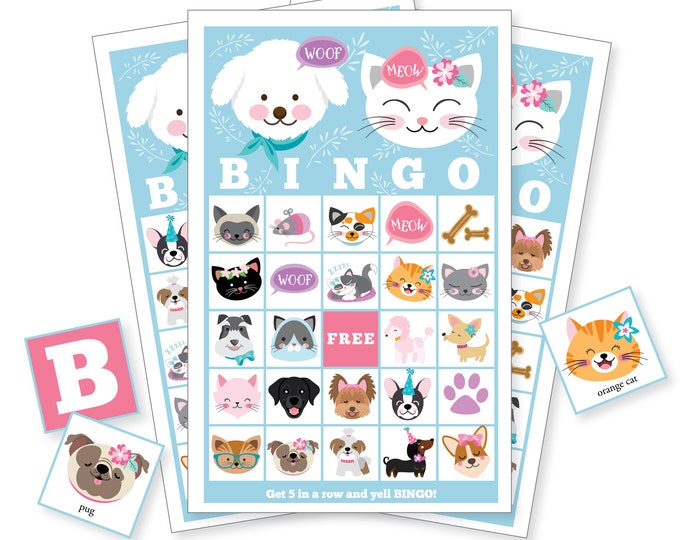 Dog and Cat BINGO Game, 40 different bingo cards. DIY Printable Bingo Game, Puppy and Kitten Bingo Game - Instant Download