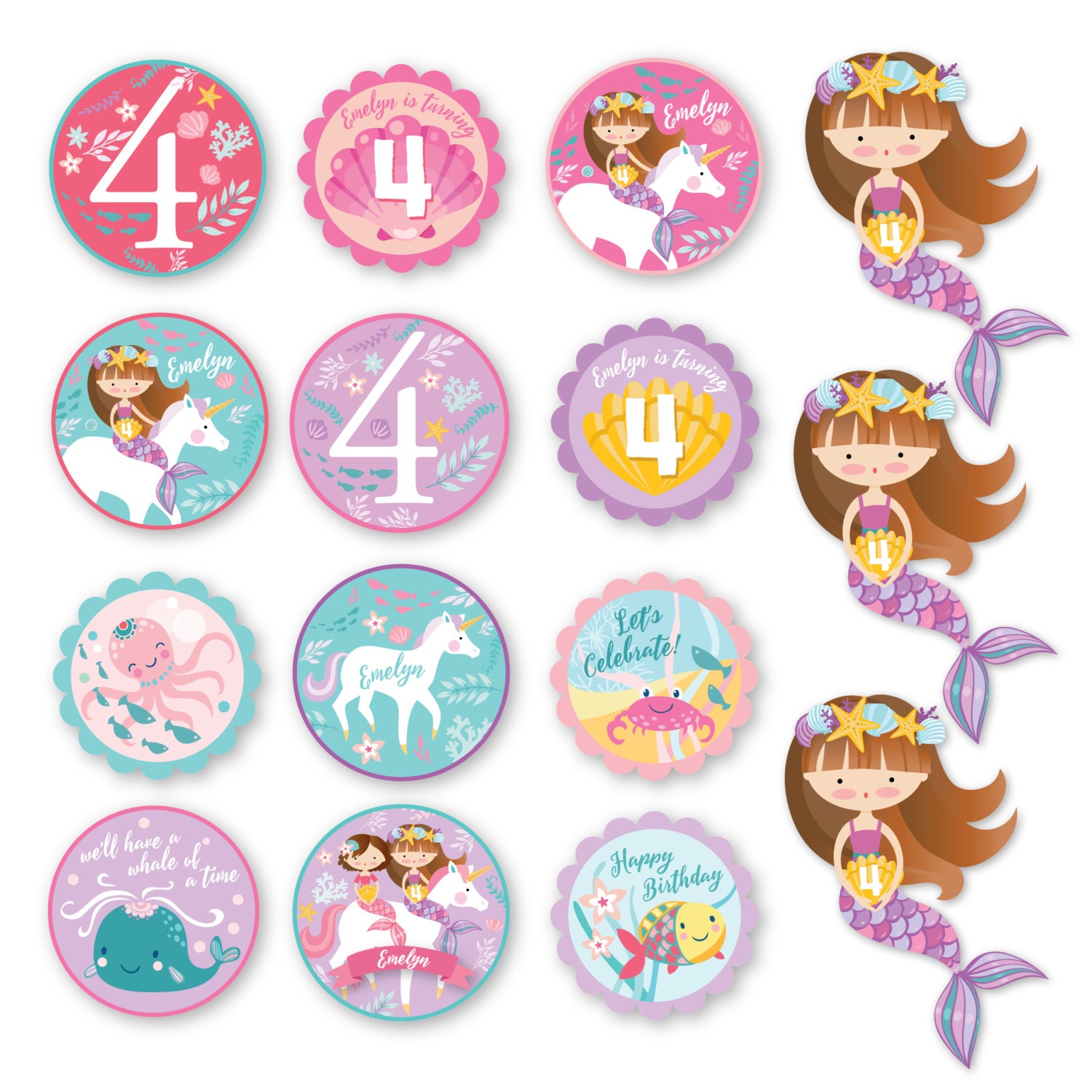 mermaid unicorn cupcake toppers customized printable diy girl s mermaid unicorn birthday cupcake toppers