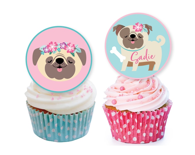 Pug Cupcake Toppers, Pink Pug, Dog, Birthday Pawty, Pup Party Cake Toppers, Custom text, WE EDIT, You PRINT, Printable, Digital Files