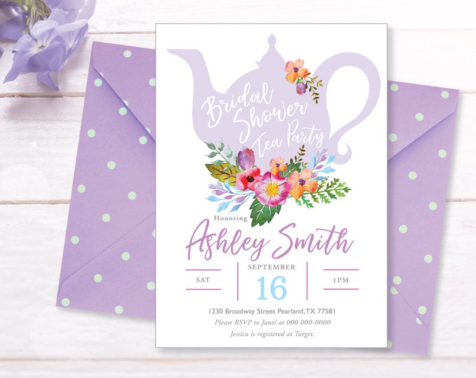 Tea Party Bridal Shower Invitation, Baby Shower Invite, Bride Luncheon, WE EDIT, You PRINT, Custom Text, Printable Digital File