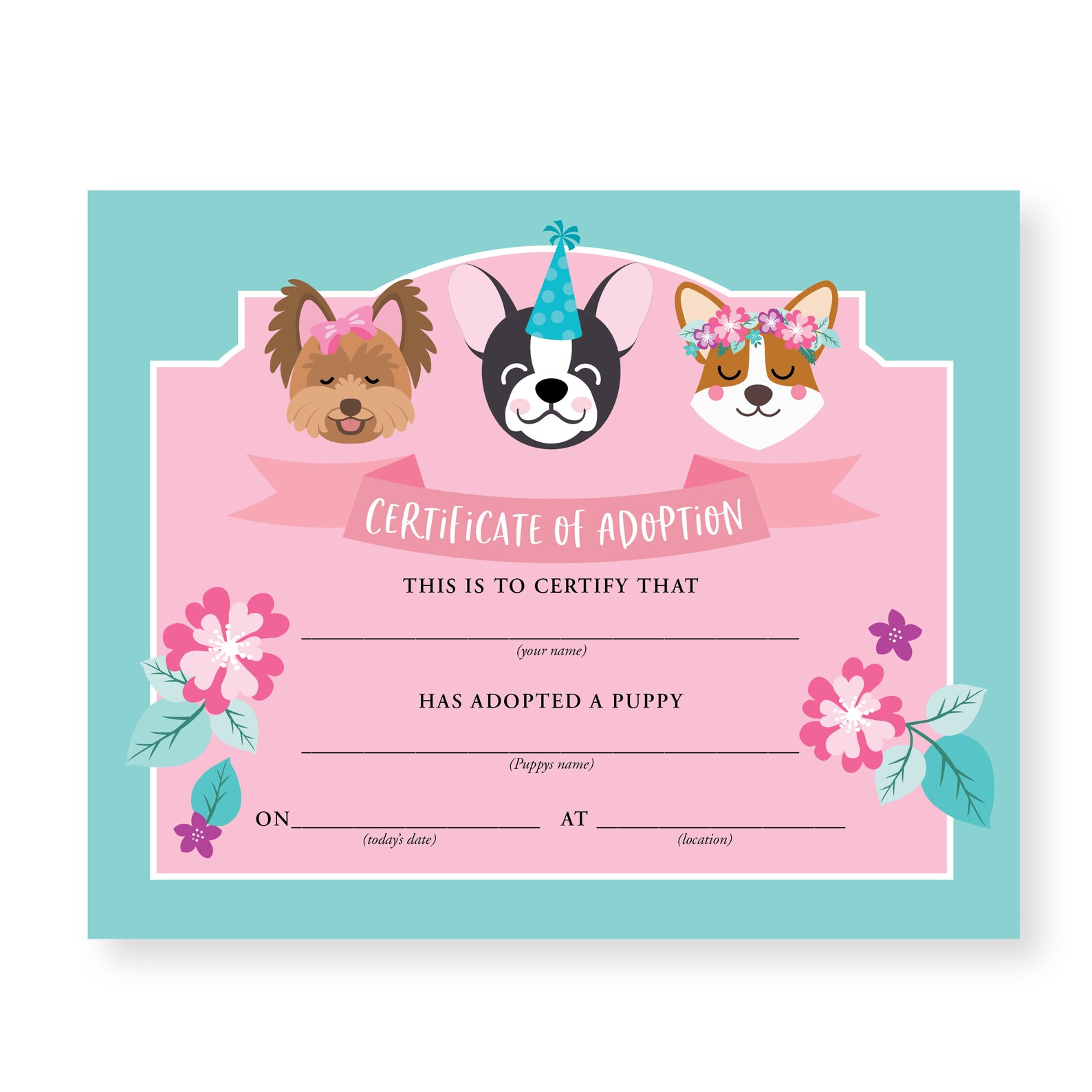 Adopt a Puppy / Certificate / Adoption Sign / Favor Tag / Pink Dog ...