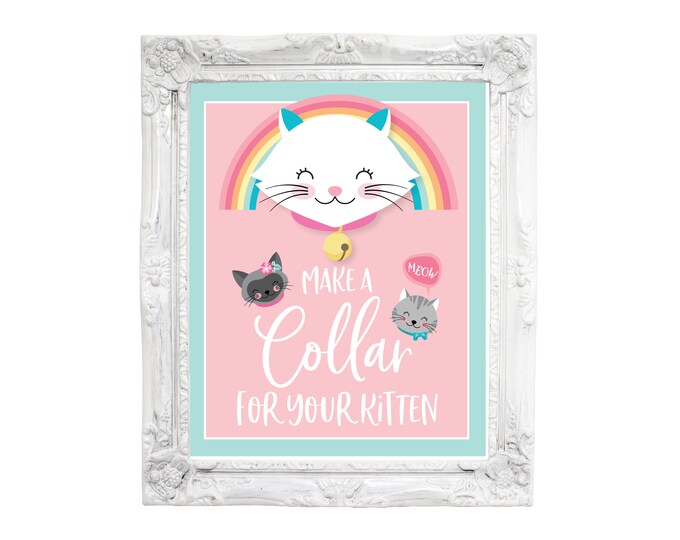 Make a Collar for your Kitten Party Sign, Cat Birthday Printable Sign, Craft Table sign, Girl Cat, Kitten Birthday Party - Instant Download