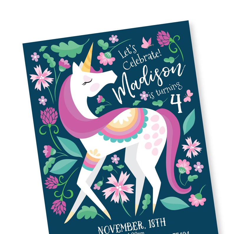 Unicorn Invitation, Girl's Unicorn Party, Floral Unicorn Invite, WE EDIT, You PRINT, Custom Text, Printable Digital File image 4