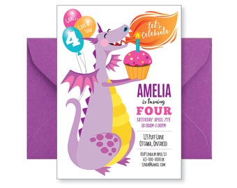Purple Dragon Birthday Invitation, Dragon PartyInvite, WE EDIT, You PRINT, Custom Text, Printable Digital File
