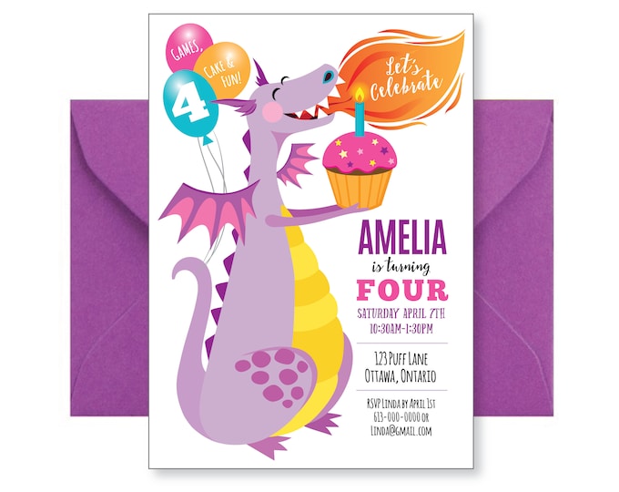 Purple Dragon Birthday Invitation, Dragon PartyInvite, WE EDIT, You PRINT, Custom Text, Printable Digital File