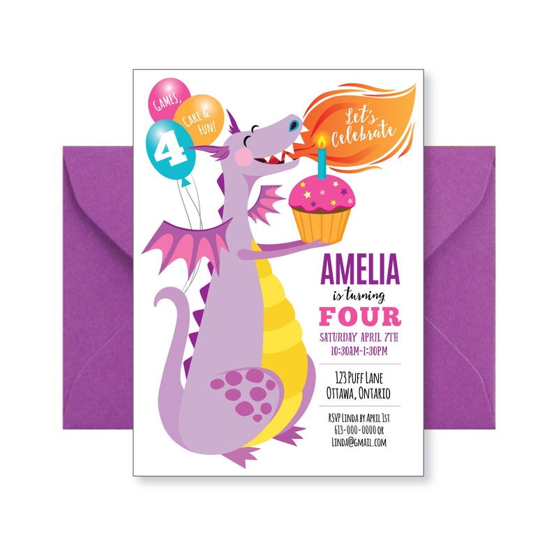 Purple Dragon Birthday Invitation Cute Dragon Invitation Etsy