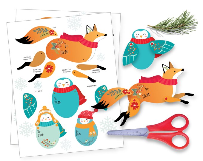 Fox and Owl Christmas Craft, Articulated Paper Fox & Owl / Christmas Tags / Holiday Tags, Fox and Owls / Instant Download