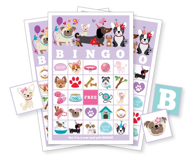 Dog BINGO Game - Pug, Puppy, Dog Party Game, Girl's Printable Bingo Game - Bingo Game for Kids - Purple Puppy Bingo Game - Instant Download