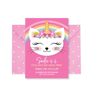 Invito alla festa di compleanno di Caticorn, gatto, compleanno di unicorno, EDITIAMO, STAMPA, testo personalizzato, file digitale stampabile