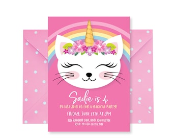 Caticorn Birthday Party Invitation, Cat, Unicorn Birthday, WE EDIT, You PRINT, Custom Text, Printable Digital File